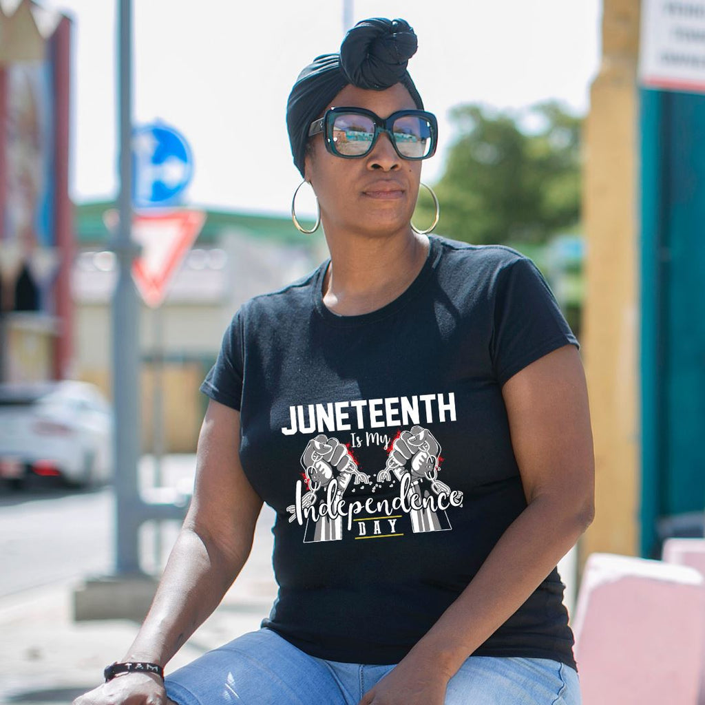 Juneteenth Is My Independence Day Double Fists Black Unisex Tee Lifestyle by Suncera