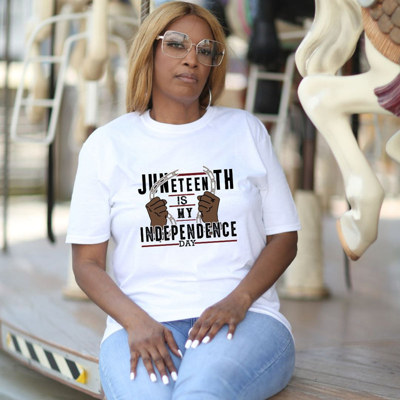 Juneteenth Is My Independence Day Brown Double Fists White Unisex Tee Lifestyle by Suncera