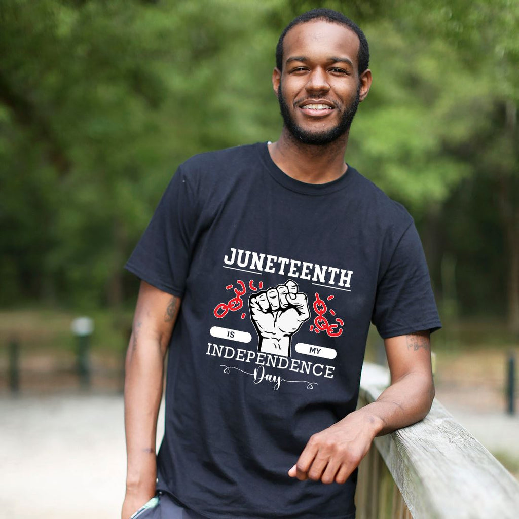Juneteenth Is My Independence Day Single Fist Black Unisex Tee Lifestyle by Suncera